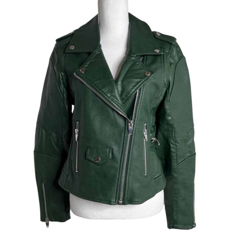 BLANKNYC Green Easy Rider Faux Leather Moto Jacket Exposed Zippers Size M